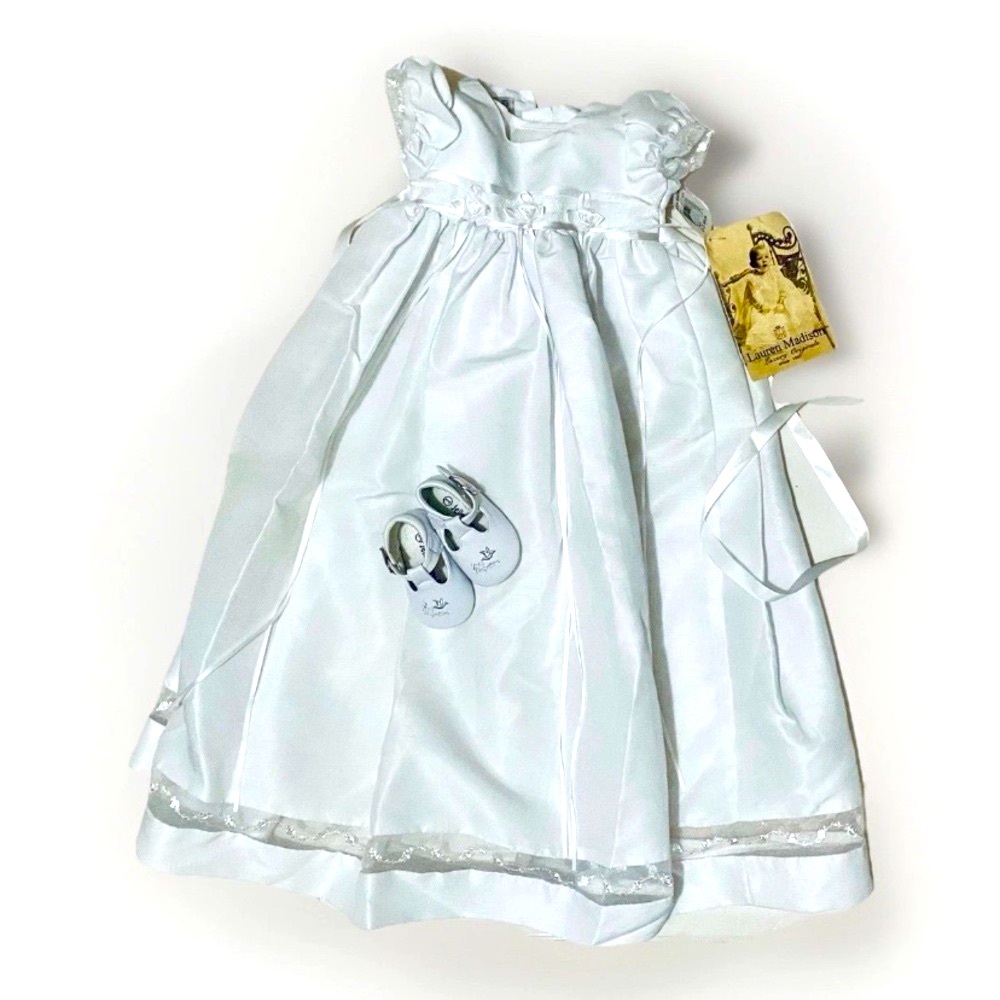 Lauren Madison Christening Gown Baby Set with Bonnet, Slip & Shoes 0-3m